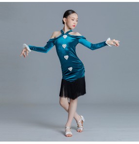 Girls kids blue velvet fringe latin dance dresses for children long sleeves salsa rumba cha cha dance skirts modern dance outfits for girls